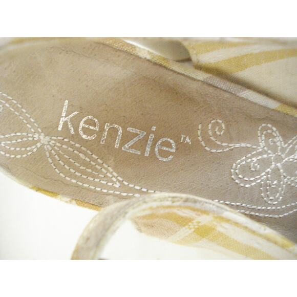 KENZIE IVORY & TAN PLAID COTTON SLINGBACK W PATENT LEATHER WEDGE HEEL SZ 6M - Picture 4 of 8